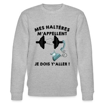 Mes halteres m'appellent faut que j'y aille - Sweat bio CHANGER Stanley/Stella Unisexe - gris chiné - Devant - Nik (191cm) & Marisol (170cm)