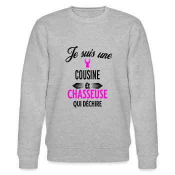 je suis chasseuse qui déchire et cousine - Sweat bio CHANGER Stanley/Stella Unisexe - gris chiné - Devant - Nik (191cm) & Marisol (170cm)