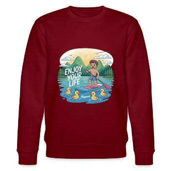 Enjoy Your Life - Flappach SUP-Spaß - Stanley/Stella Unisex Bio-Sweatshirt CHANGER  - Burgunderrot - Vorne - Nik (191cm) & Marisol (170cm)