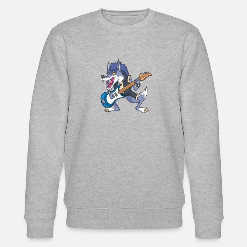 Cartoon Wolf rockt E-Gitarre - Stanley/Stella Unisex Bio-Sweatshirt CHANGER  - Grau meliert