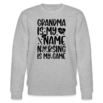 Grand-mère est mon nom, l’allaitement est mon jeu - Infirmière Gran - Sweat bio CHANGER Stanley/Stella Unisexe - gris chiné - Devant - Nik (191cm) & Marisol (170cm)