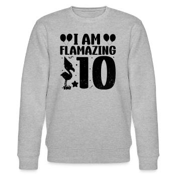Je suis Flamazing 10 ans Flamingo Anniversaire - Sweat bio CHANGER Stanley/Stella Unisexe - gris chiné - Devant - Nik (191cm) & Marisol (170cm)