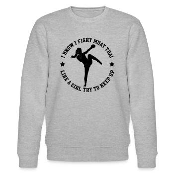 I Know I fight Muay Thai Like A Girl try to keep u - Stanley/Stella Unisex Bio-Sweatshirt CHANGER  - Grau meliert - Vorne - Nik (191cm) & Marisol (170cm)