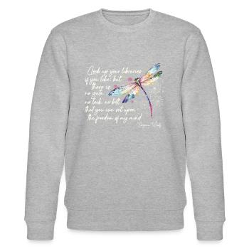 Citation de Virginia Woolf sur le design de la liberté en ivoire - Sweat bio CHANGER Stanley/Stella Unisexe - gris chiné - Devant - Nik (191cm) & Marisol (170cm)