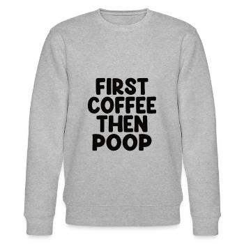 First Coffee Then Poop - Lustiger Kaffee Spruch - Stanley/Stella Unisex Bio-Sweatshirt CHANGER  - Grau meliert - Vorne - Nik (191cm) & Marisol (170cm)