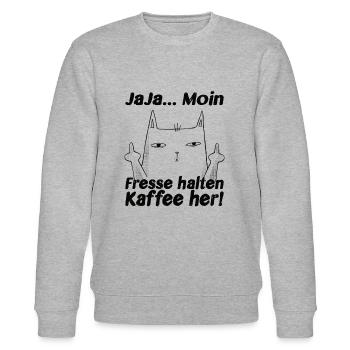 Ja Ja Moin Fresse Halten Kaffee her! Lustige Katze - Stanley/Stella Unisex Bio-Sweatshirt CHANGER  - Grau meliert - Vorne - Nik (191cm) & Marisol (170cm)