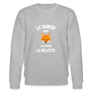 Samedi soir je chasse belette humour célibataire - Sweat bio CHANGER Stanley/Stella Unisexe - gris chiné - Devant - Nik (191cm) & Marisol (170cm)