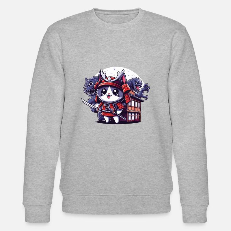 Samurai-Ninja-Katze hinter Monster und Dojo - Stanley/Stella Unisex Bio-Sweatshirt CHANGER  - Grau meliert