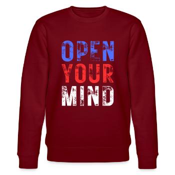 OPEN YOUR MIND – Farbe Blau, Rot, Weiß - Stanley/Stella Unisex Bio-Sweatshirt CHANGER  - Burgunderrot - Vorne - Nik (191cm) & Marisol (170cm)