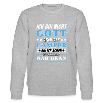 Ich bin nicht Gott aber als Camper nah dran - Stanley/Stella Unisex Bio-Sweatshirt CHANGER  - Grau meliert - Vorne - Nik (191cm) & Marisol (170cm)