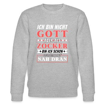 Ich bin nicht Gott aber als Zocker nah dran - Stanley/Stella Unisex Bio-Sweatshirt CHANGER  - Grau meliert - Vorne - Nik (191cm) & Marisol (170cm)