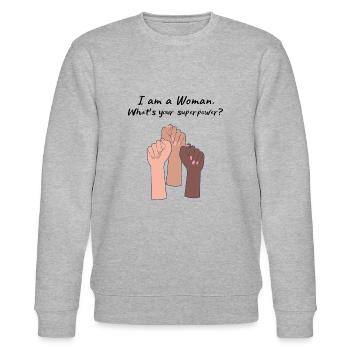 "I am a Woman. What's your superpower?" - Stanley/Stella Unisex Bio-Sweatshirt CHANGER  - Grau meliert - Vorne - Nik (191cm) & Marisol (170cm)