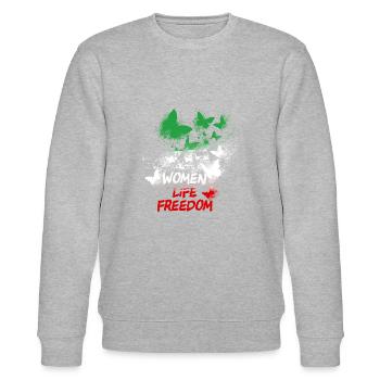 women life freedom,freiheit,iran,schmetterlinge - Stanley/Stella Unisex Bio-Sweatshirt CHANGER  - Grau meliert - Vorne - Nik (191cm) & Marisol (170cm)