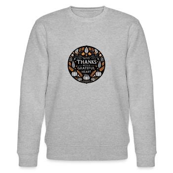 Danken Sie mit dankbarem Herzen - Stanley/Stella Unisex Bio-Sweatshirt CHANGER  - Grau meliert - Vorne - Nik (191cm) & Marisol (170cm)