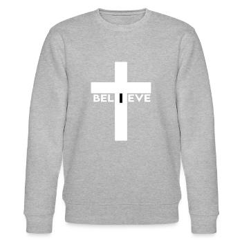 Believe Kruzifix - Stanley/Stella Unisex Bio-Sweatshirt CHANGER  - Grau meliert - Vorne - Nik (191cm) & Marisol (170cm)