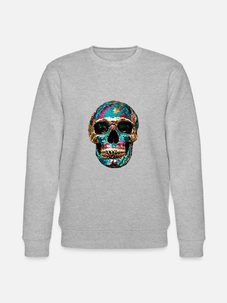 Dödskalle, metallic, paljetter, nitar, guld, silver - Ekologisk sweatshirt CHANGER unisex från Stanley/Stella - gråmelerad