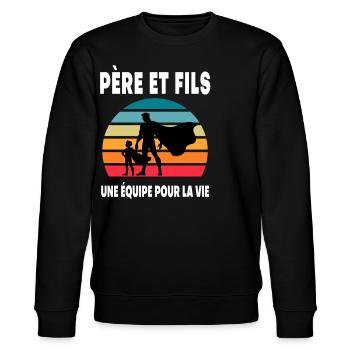 père et fils papa super héros duo vintage - Sweat bio CHANGER Stanley/Stella Unisexe - noir - Devant - Nik (191cm) & Marisol (170cm)