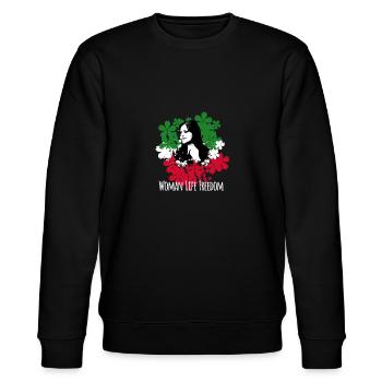 women life freedom,iran,Frauen Leben Freiheit - Stanley/Stella Unisex Bio-Sweatshirt CHANGER  - Schwarz - Vorne - Nik (191cm) & Marisol (170cm)