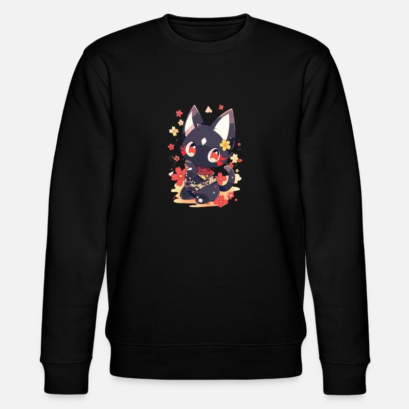 Süße Animekatze mit Fisch - Stanley/Stella Unisex Bio-Sweatshirt CHANGER - Schwarz