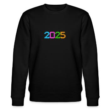 Bunte Jahreszahl 2025 in Pixelgrafik - Stanley/Stella Unisex Bio-Sweatshirt CHANGER  - Schwarz - Vorne - Nik (191cm) & Marisol (170cm)