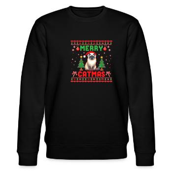 Merry Catmas – Katze mit Weihnachtsmütze - Stanley/Stella Unisex Bio-Sweatshirt CHANGER  - Schwarz - Vorne - Nik (191cm) & Marisol (170cm)