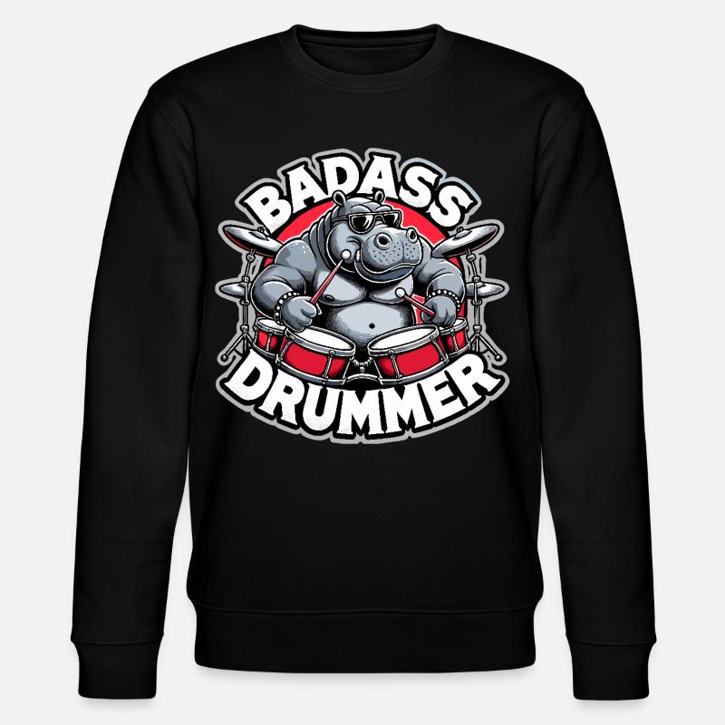 Badass Drummer Hippo Cool Gift - Stanley/Stella CHANGER Unisex Organic Sweatshirt - black