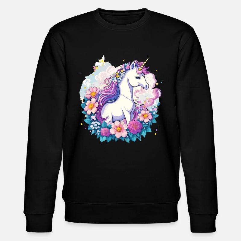 Frühlings-Einhorn mit Blumenkranz - Stanley/Stella Unisex Bio-Sweatshirt CHANGER  - Schwarz