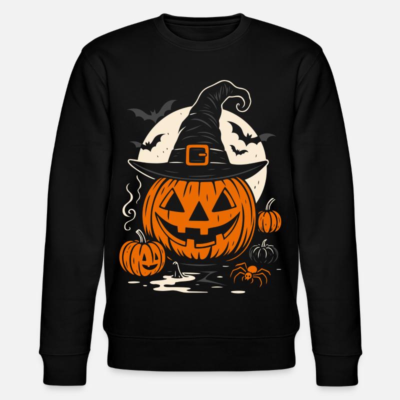 Halloween Pumpkin with Witch Hat & Spider - Stanley/Stella CHANGER Unisex Organic Sweatshirt - black