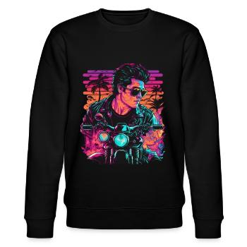 Retro Biker Illustration Motorcycle Synthwave Art - Stanley/Stella CHANGER Unisex Organic Sweatshirt - black - Front - Nik (191cm) & Marisol (170cm)