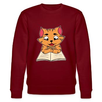 Katze Kätzchen Buch Lesen Bücherwurm Geschenk - Stanley/Stella Unisex Bio-Sweatshirt CHANGER  - Burgunderrot - Vorne - Nik (191cm) & Marisol (170cm)
