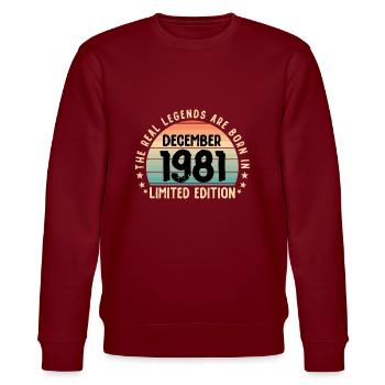 Geboren 1981 Tee Vintage Legend Born im Dezember - Stanley/Stella Unisex Bio-Sweatshirt CHANGER  - Burgunderrot - Vorne - Nik (191cm) & Marisol (170cm)