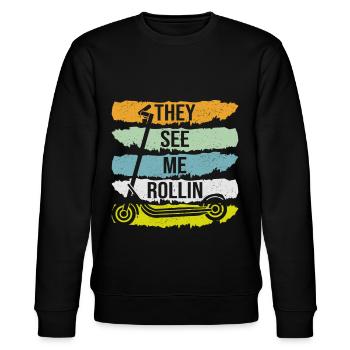 Scooter Roller E-Scooter Geschenk Retro - Stanley/Stella Unisex Bio-Sweatshirt CHANGER  - Schwarz - Vorne - Nik (191cm) & Marisol (170cm)