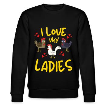 I LOVE MY LADIES! LUSTIGES HÜHNER HUHN BAUER - Stanley/Stella Unisex Bio-Sweatshirt CHANGER  - Schwarz - Vorne - Nik (191cm) & Marisol (170cm)