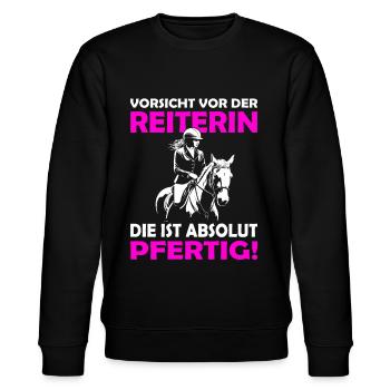 Vorsicht vor der Reiterin | Lustige Reitersprüche - Stanley/Stella Unisex Bio-Sweatshirt CHANGER  - Schwarz - Vorne - Nik (191cm) & Marisol (170cm)