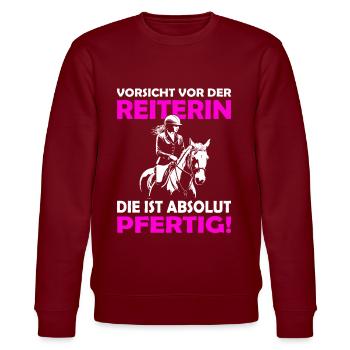 Vorsicht vor der Reiterin | Lustige Reitersprüche - Stanley/Stella Unisex Bio-Sweatshirt CHANGER  - Burgunderrot - Vorne - Nik (191cm) & Marisol (170cm)