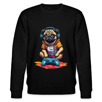Lustiger Nerd Gaming Mops Hund mit Controller - Stanley/Stella Unisex Bio-Sweatshirt CHANGER  - Schwarz - Vorne - Nik (191cm) & Marisol (170cm)