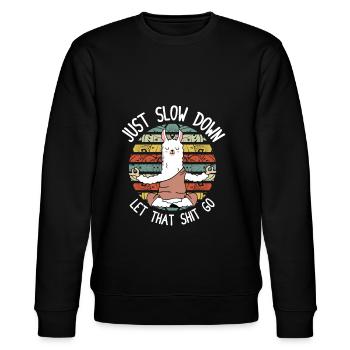 Yoga Shirt Just Slow Down Lama Alpaka - Stanley/Stella Unisex Bio-Sweatshirt CHANGER  - Schwarz - Vorne - Nik (191cm) & Marisol (170cm)