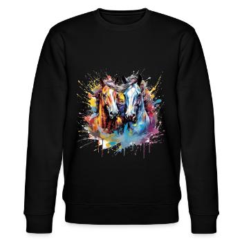 Pferdestärke - Stanley/Stella Unisex Bio-Sweatshirt CHANGER  - Schwarz - Vorne - Nik (191cm) & Marisol (170cm)
