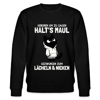 Geboren zu sagen Halt's Maul - Katze mit Hoodie - Stanley/Stella Unisex Bio-Sweatshirt CHANGER  - Schwarz - Vorne - Nik (191cm) & Marisol (170cm)