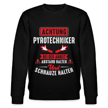 Achtung Pyrotechniker bei der Arbeit Abstand - Stanley/Stella Unisex Bio-Sweatshirt CHANGER  - Schwarz - Vorne - Nik (191cm) & Marisol (170cm)