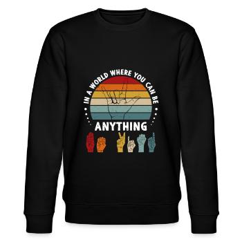 In A World Where You Can Be Anything BE KIND - Stanley/Stella Unisex Bio-Sweatshirt CHANGER  - Schwarz - Vorne - Nik (191cm) & Marisol (170cm)
