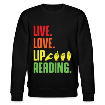 Deaf Pride ASL Gebärdensprache - Stanley/Stella Unisex Bio-Sweatshirt CHANGER  - Schwarz - Vorne - Nik (191cm) & Marisol (170cm)