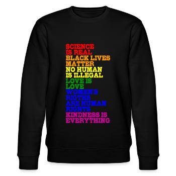 NO HUMAN IS ILLEGAL LGBT Pride Gay Pride Month - Stanley/Stella Unisex Bio-Sweatshirt CHANGER  - Schwarz - Vorne - Nik (191cm) & Marisol (170cm)