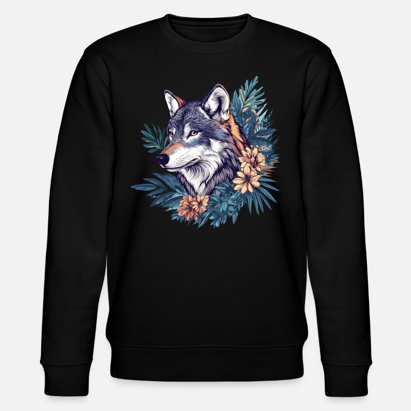 Wilder Wolf mit Blumen - Stanley/Stella Unisex Bio-Sweatshirt CHANGER  - Schwarz