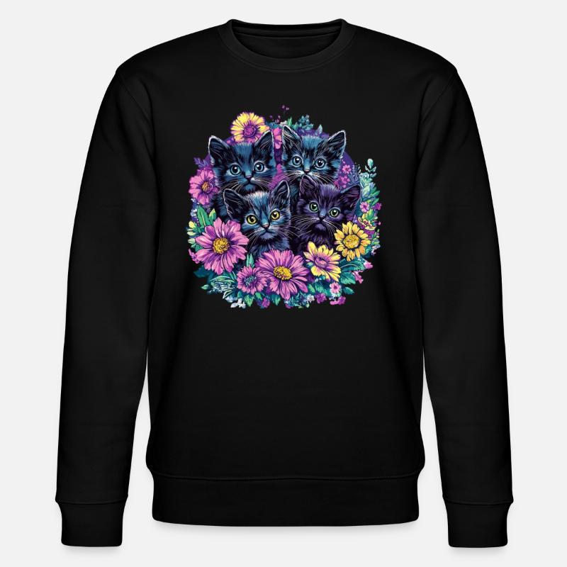 Schwarze Kätzchen mit Blumen - Stanley/Stella Unisex Bio-Sweatshirt CHANGER - Schwarz