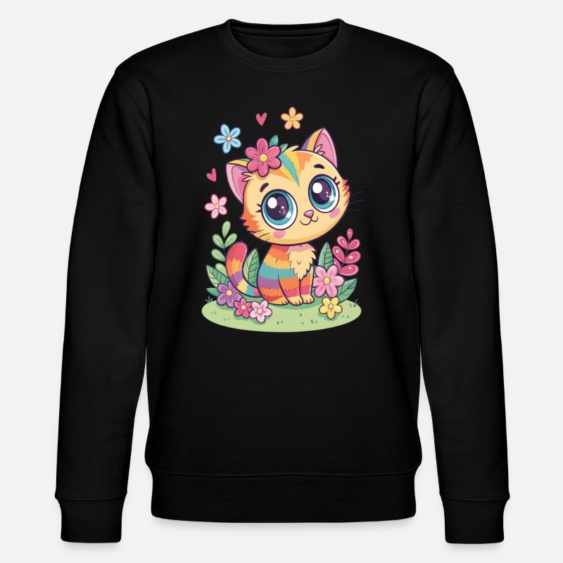 Regenbogen Katze mit Blumen - Stanley/Stella Unisex Bio-Sweatshirt CHANGER  - Schwarz