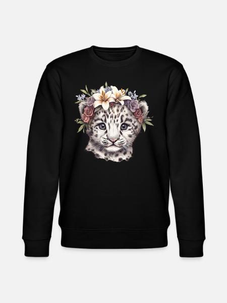 Schneeleopard Baby mit Blumen - Stanley/Stella Unisex Bio-Sweatshirt CHANGER  - Schwarz