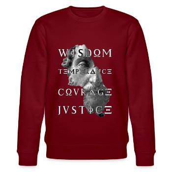 White Virtues of Stoicism Wisdom Courage Justice - Stanley/Stella CHANGER Unisex Organic Sweatshirt - burgundy - Front - Nik (191cm) & Marisol (170cm)