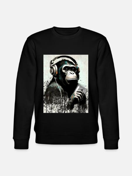 Chimpanzee With Headphones Smarphone - Stanley/Stella CHANGER Unisex Organic Sweatshirt - black