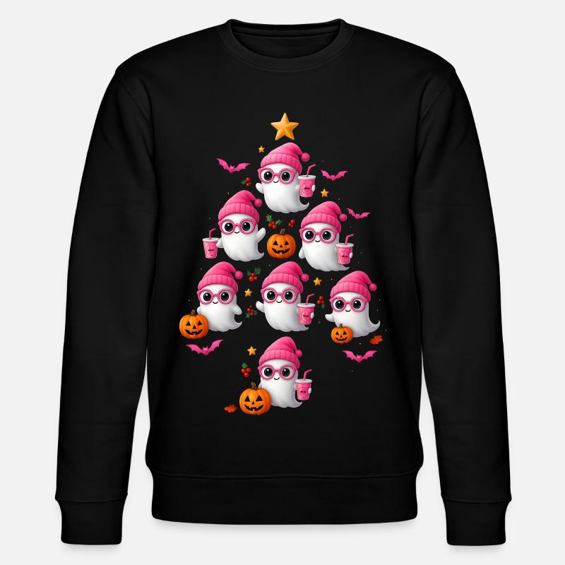 Cute Pink Ghost Christmas Tree Design - Stanley/Stella CHANGER Unisex Organic Sweatshirt - black